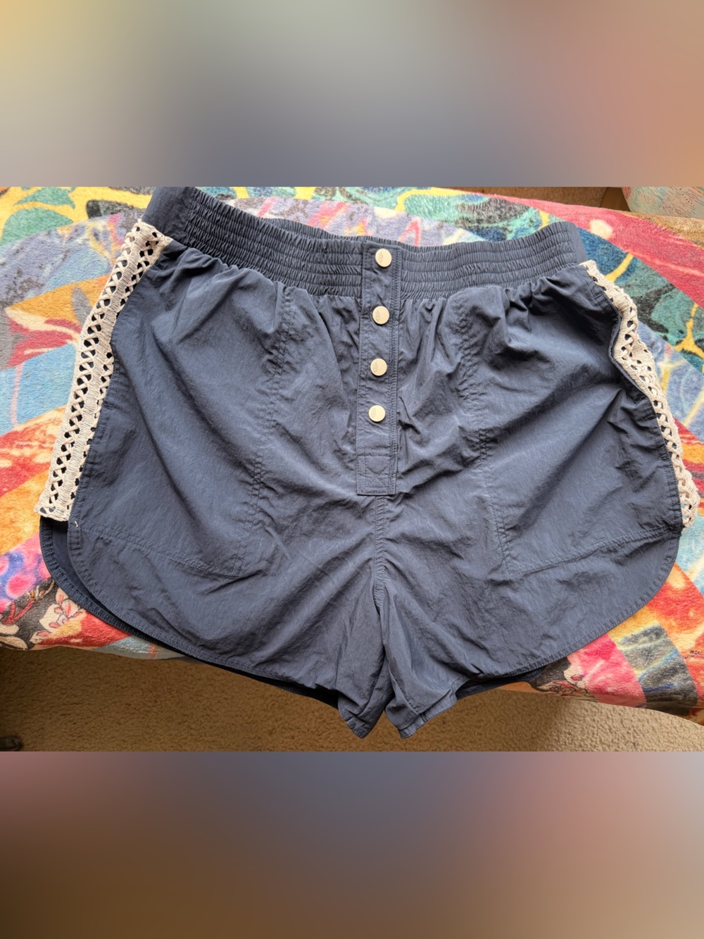 Free People Movement Navy Crochet-Trim Elastic Waist Shorts